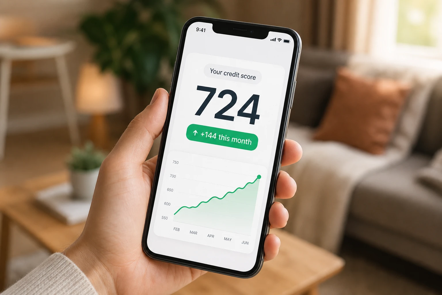 The Super.com app showing a credit score of 724, up 144 points this month, with a rising trend line