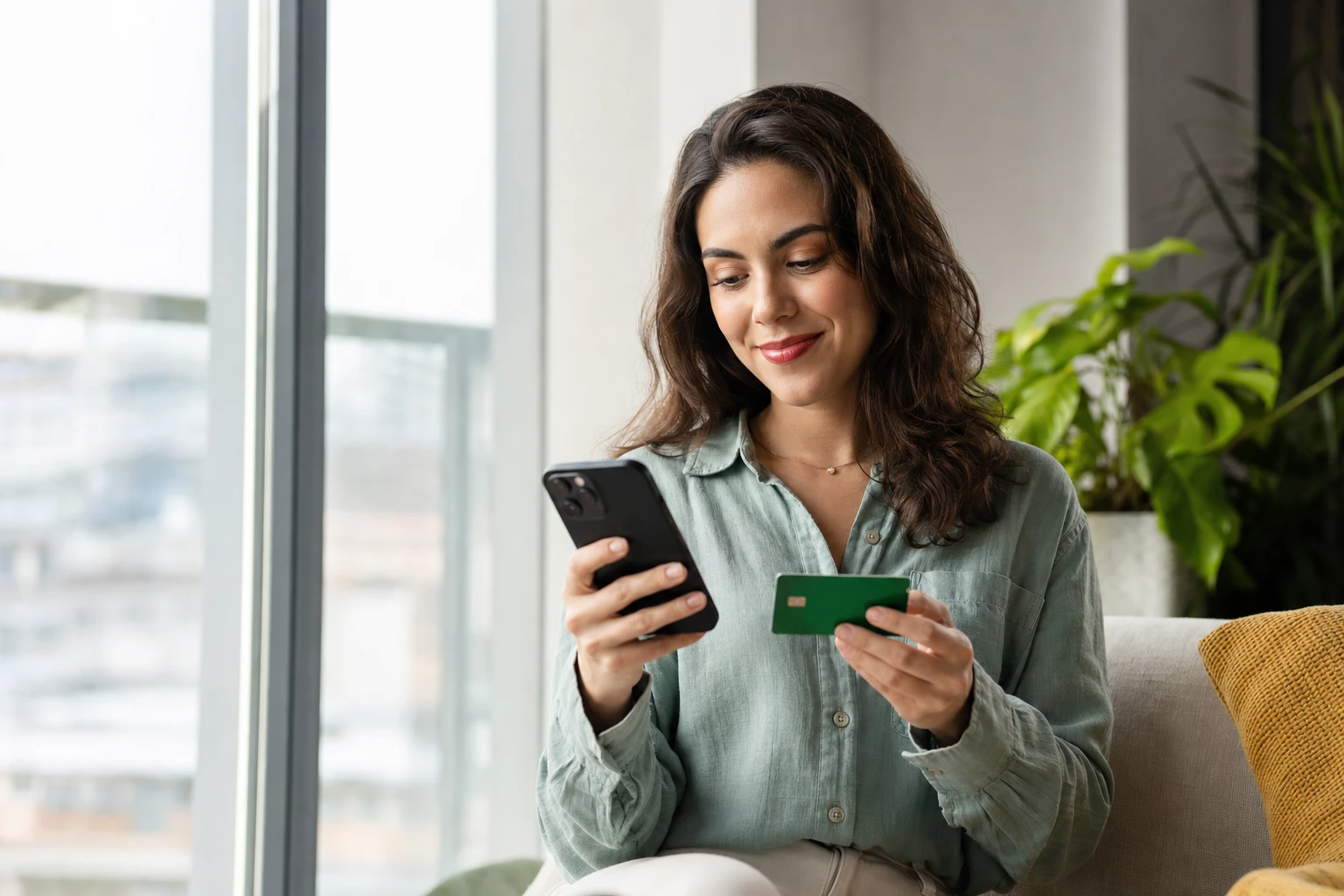 A woman using the Super.com Card to build credit from her couch